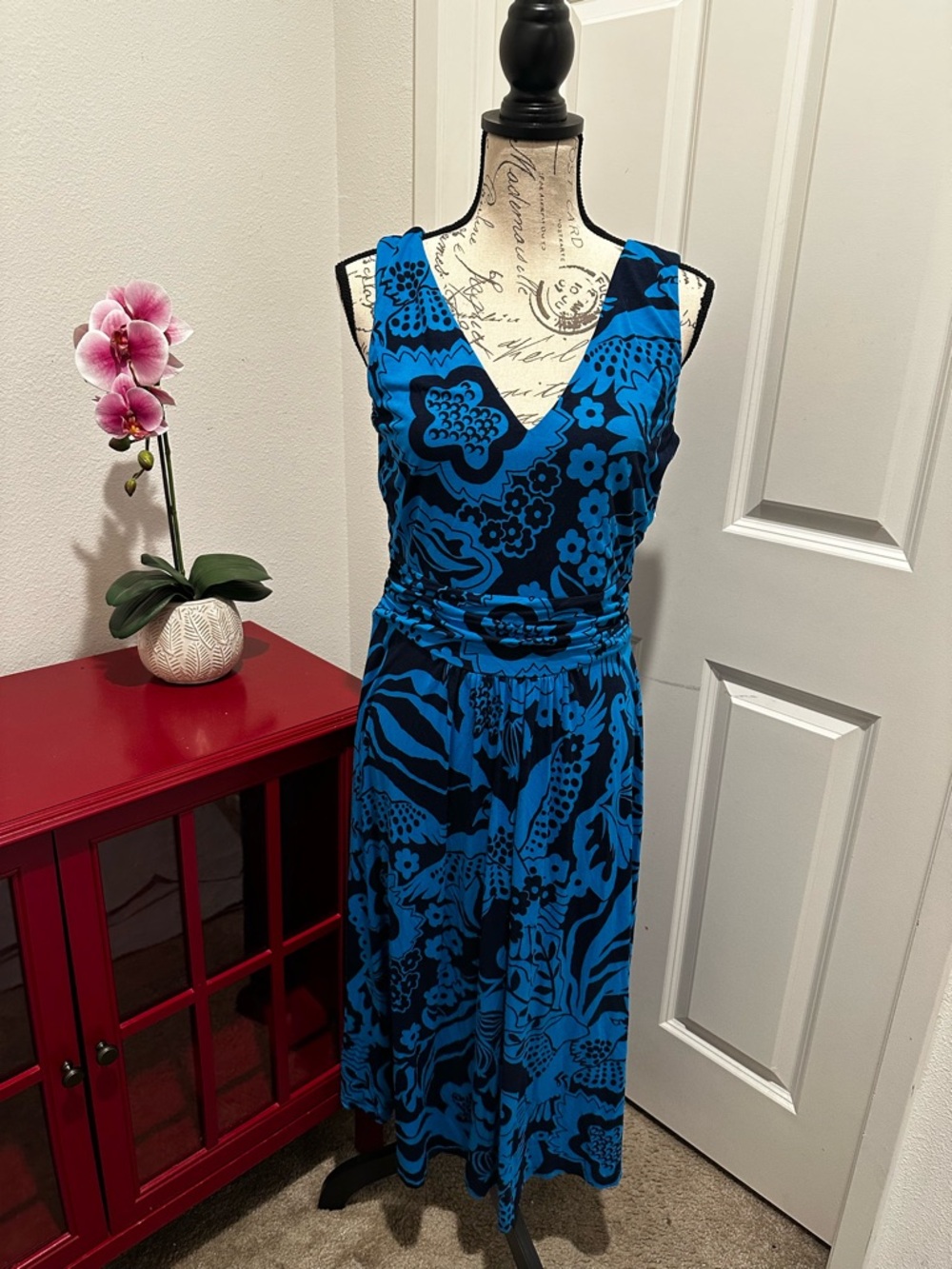 Boden Blue and Black Floral-Print Sleeveless V-Neck Midi Dress